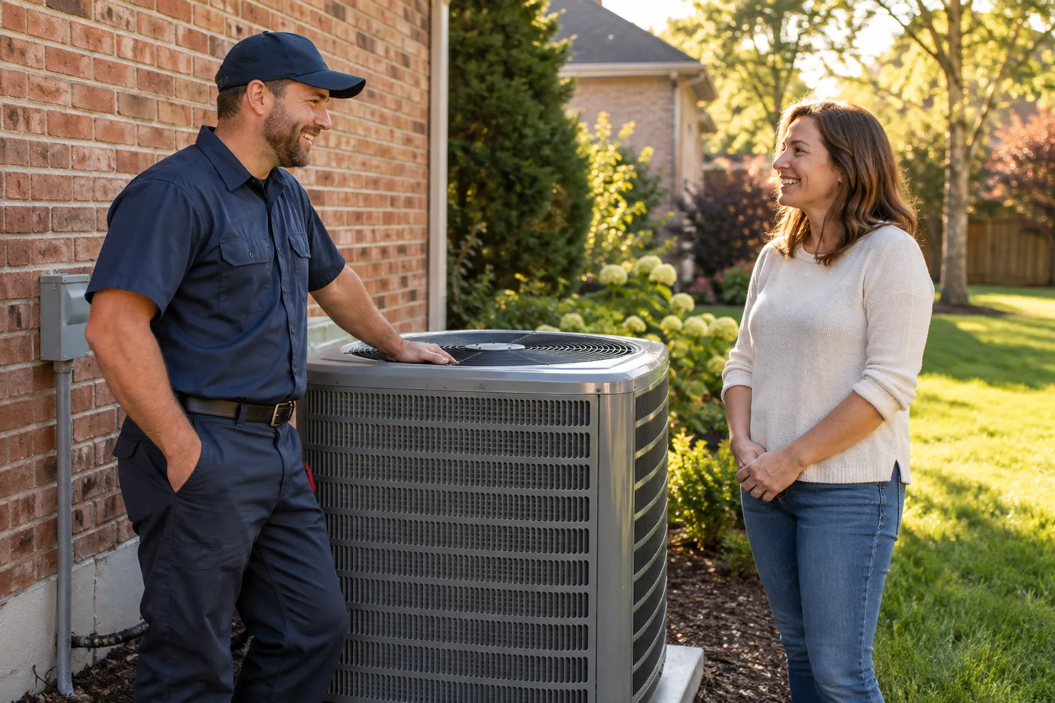 Provider and homeowner reviewing a new outdoor AC unit beside a house in the Conyers area